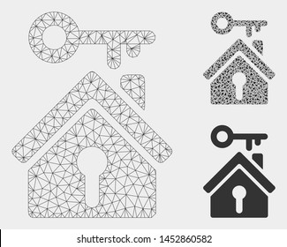Mesh home key model with triangle mosaic icon. Wire carcass triangular mesh of home key. Vector collage of triangle parts in variable sizes, and color tinges. Abstract flat mesh home key,
