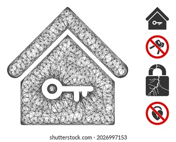 Mesh home key web icon vector illustration. Carcass model is based on home key flat icon. Network forms abstract home key flat model. Wire frame flat line network isolated on a white background.