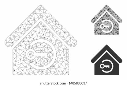Mesh home login model with triangle mosaic icon. Wire frame triangular mesh of home login. Vector mosaic of triangle parts in variable sizes, and color tints. Abstract 2d mesh home login,