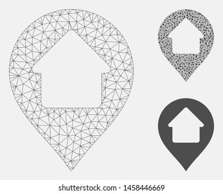 Mesh home marker model with triangle mosaic icon. Wire carcass triangular network of home marker. Vector mosaic of triangle elements in various sizes, and color hues. Abstract 2d mesh home marker,