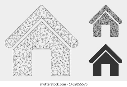 Mesh home model with triangle mosaic icon. Wire frame triangular mesh of home. Vector mosaic of triangle elements in various sizes, and color shades. Abstract 2d mesh home,