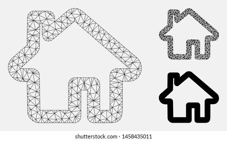 Mesh home model with triangle mosaic icon. Wire frame triangular network of home. Vector mosaic of triangle parts in various sizes, and color tones. Abstract 2d mesh home,