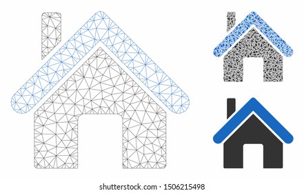 Mesh home model with triangle mosaic icon. Wire carcass polygonal mesh of home. Vector mosaic of triangle elements in different sizes, and color hues. Abstract 2d mesh home, built from polygonal grid.