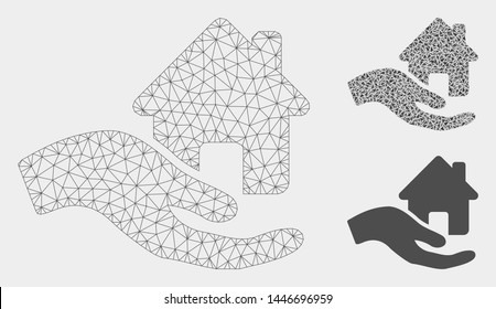 Mesh home offer hand model with triangle mosaic icon. Wire frame triangular mesh of home offer hand. Vector mosaic of triangle elements in different sizes, and color tints.