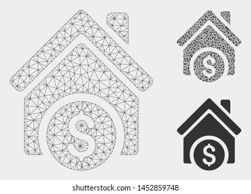 Mesh home price model with triangle mosaic icon. Wire frame triangular mesh of home price. Vector collage of triangle elements in variable sizes, and color shades. Abstract 2d mesh home price,