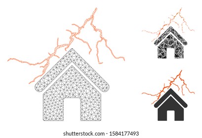Mesh home in thunderstorm model with triangle mosaic icon. Wire frame triangular mesh of home in thunderstorm. Vector mosaic of triangle elements in different sizes, and color shades.
