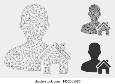Mesh home user model with triangle mosaic icon. Wire carcass triangular mesh of home user. Vector mosaic of triangle parts in different sizes, and color tones. Abstract 2d mesh home user,
