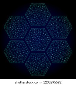 Mesh honeycombs polygonal illustration. Abstract mesh lines, triangles and points on dark background with honeycombs. Wire frame 2D polygonal line network in vector format on a dark blue background.