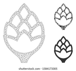 Mesh hop bud model with triangle mosaic icon. Wire frame triangular mesh of hop bud. Vector mosaic of triangle parts in various sizes, and color shades. Abstract flat mesh hop bud,