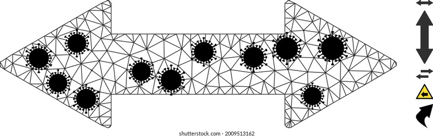 Mesh horizontal exchange arrow polygonal icon vector illustration, with black Covid nodes. Carcass model is based on horizontal exchange arrow flat icon, with covid nodes and triangle net.