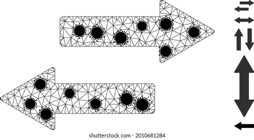 Mesh horizontal exchange arrows polygonal icon vector illustration, with black Covid centers. Abstraction is created from horizontal exchange arrows flat icon, with virus centers and triangular net.
