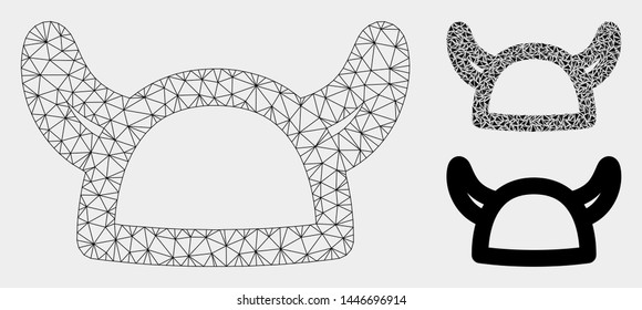 Mesh horned helmet model with triangle mosaic icon. Wire carcass polygonal mesh of horned helmet. Vector collage of triangle parts in different sizes, and color shades. Abstract 2d mesh horned helmet,