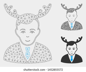 Mesh horned husband model with triangle mosaic icon. Wire carcass triangular mesh of horned husband. Vector mosaic of triangle parts in variable sizes, and color tinges.