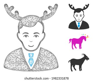 Mesh horned husband polygonal web symbol vector illustration. Carcass model is based on horned husband flat icon. Triangular network forms abstract horned husband flat model.