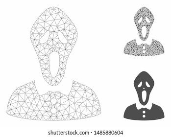 Mesh horror woman model with triangle mosaic icon. Wire frame polygonal network of horror woman. Vector composition of triangle parts in variable sizes, and color tones.