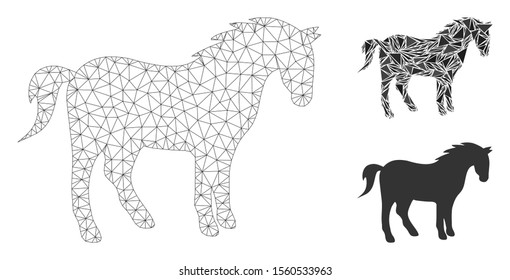Mesh horse model with triangle mosaic icon. Wire carcass polygonal mesh of horse. Vector mosaic of triangles in different sizes, and color tints. Abstract 2d mesh horse, built from triangles.