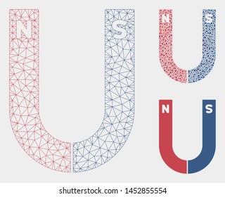 Mesh horseshoe magnet model with triangle mosaic icon. Wire carcass polygonal mesh of horseshoe magnet. Vector mosaic of triangle elements in variable sizes, and color tinges.