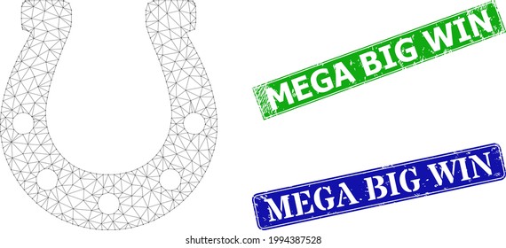 Mesh horseshoe model, and Mega Big Win blue and green rectangle textured stamps. Mesh carcass illustration created from horseshoe icon. Seals include Mega Big Win tag inside rectangle form.
