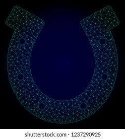 Mesh horseshoe polygonal illustration. Abstract mesh lines, triangles and points on dark background with horseshoe. Wire frame 2D polygonal line network in vector format on a dark blue background.