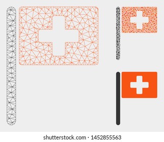 Mesh hospital flag model with triangle mosaic icon. Wire frame polygonal mesh of hospital flag. Vector mosaic of triangle elements in variable sizes, and color tinges.