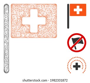 Indicador de vector 2d web poligonal de la bandera del hospital de malla. El modelo de canal se basa en el icono plano de la bandera del hospital. La malla triangular forma un modelo plano abstracto de la bandera del hospital.