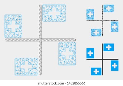 Mesh hospital flags model with triangle mosaic icon. Wire frame triangular mesh of hospital flags. Vector mosaic of triangles in various sizes, and color tints. Abstract flat mesh hospital flags,