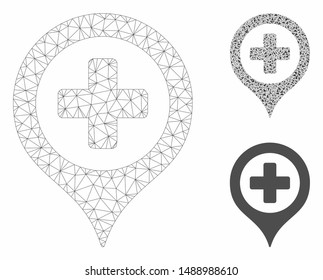 Mesh hospital map marker model with triangle mosaic icon. Wire carcass triangular mesh of hospital map marker. Vector collage of triangles in variable sizes, and color shades.