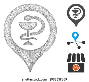 Mesh hospital map marker polygonal web symbol vector illustration. Model is based on hospital map marker flat icon. Triangle mesh forms abstract hospital map marker flat model.