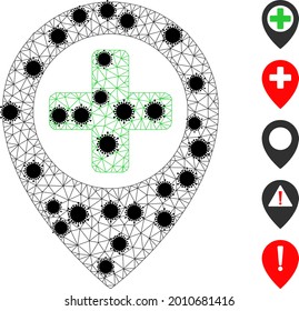 Mesh hospital map pointer polygonal symbol vector illustration, with black infection items. Carcass model is based on hospital map pointer flat icon, with covid items and triangle mesh.