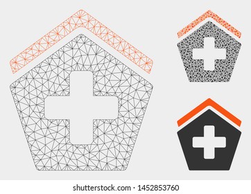 Mesh hospital model with triangle mosaic icon. Wire frame triangular mesh of hospital. Vector mosaic of triangle parts in various sizes, and color shades. Abstract flat mesh hospital,