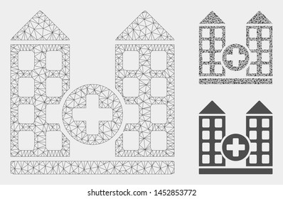 Mesh hospital model with triangle mosaic icon. Wire frame triangular network of hospital. Vector mosaic of triangle elements in various sizes, and color tints. Abstract 2d mesh hospital,
