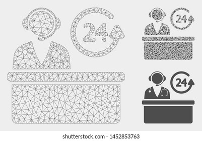 Mesh hospital reception desk model with triangle mosaic icon. Wire frame triangular mesh of hospital reception desk. Vector mosaic of triangle elements in variable sizes, and color tinges.
