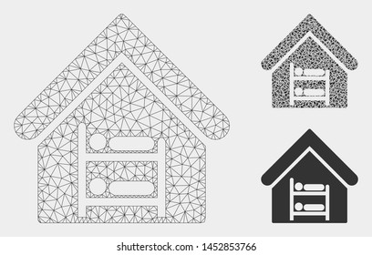 Mesh hostel model with triangle mosaic icon. Wire frame triangular network of hostel. Vector mosaic of triangle elements in different sizes, and color shades. Abstract flat mesh hostel,