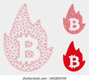 Mesh hot bitcoin model with triangle mosaic icon. Wire carcass triangular mesh of hot bitcoin. Vector mosaic of triangle elements in different sizes, and color tones. Abstract 2d mesh hot bitcoin,