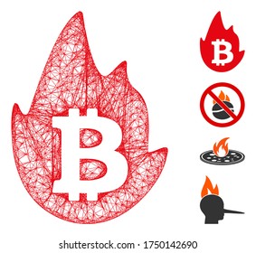 Mesh hot bitcoin web icon vector illustration. Carcass model is created from hot bitcoin flat icon. Mesh forms abstract hot bitcoin flat model.