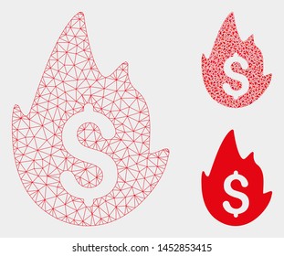 Mesh hot currency model with triangle mosaic icon. Wire carcass triangular mesh of hot currency. Vector mosaic of triangles in various sizes, and color hues. Abstract flat mesh hot currency,