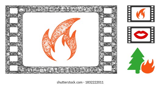 Ilustración vectorial de icono web poligonal de película caliente de malla. La abstracción se basa en un icono plano de película caliente. La red triangular forma un modelo abstracto de película caliente plana.