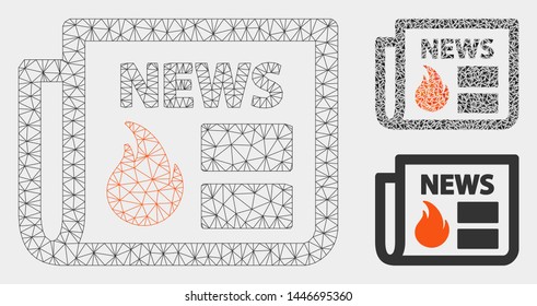 Mesh hot news model with triangle mosaic icon. Wire frame polygonal mesh of hot news. Vector mosaic of triangle parts in various sizes, and color shades. Abstract flat mesh hot news,