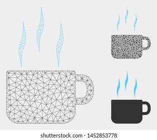 Mesh hot tea cup model with triangle mosaic icon. Wire frame triangular mesh of hot tea cup. Vector mosaic of triangle elements in different sizes, and color tints. Abstract flat mesh hot tea cup,