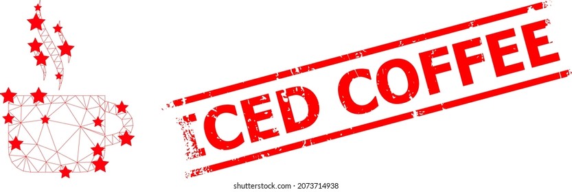 Mesh hot tea cup polygonal 2d vector illustration, and red ICED COFFEE grunge stamp print. Carcass model is created from hot tea cup flat icon, with stars and triangle mesh.