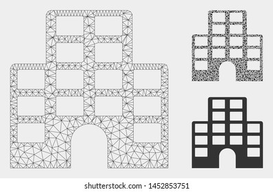 Mesh hotel model with triangle mosaic icon. Wire carcass polygonal mesh of hotel. Vector mosaic of triangle elements in various sizes, and color tints. Abstract flat mesh hotel,