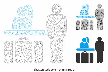 Mesh hotel reception model with triangle mosaic icon. Wire carcass triangular mesh of hotel reception. Vector mosaic of triangle parts in various sizes, and color tinges.