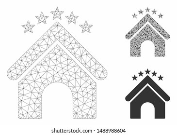 Mesh hotel stars model with triangle mosaic icon. Wire frame polygonal mesh of hotel stars. Vector mosaic of triangle elements in variable sizes, and color shades. Abstract 2d mesh hotel stars,