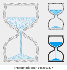 Mesh hourglass model with triangle mosaic icon. Wire carcass polygonal mesh of hourglass. Vector collage of triangle elements in different sizes, and color tones. Abstract flat mesh hourglass,