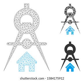 Mesh house architecture model with triangle mosaic icon. Wire carcass triangular mesh of house architecture. Vector mosaic of triangle parts in various sizes, and color shades.