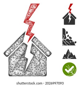 Mesh house break web 2d vector illustration. Model is based on house break flat icon. Mesh forms abstract house break flat model. Wire frame 2D line network isolated on a white background.