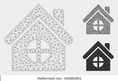 Mesh house building model with triangle mosaic icon. Wire frame triangular network of house building. Vector mosaic of triangle elements in different sizes, and color tinges.
