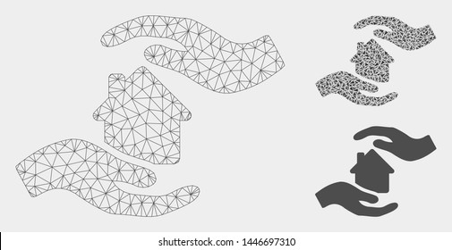 Mesh house care hands model with triangle mosaic icon. Wire carcass polygonal mesh of house care hands. Vector mosaic of triangle elements in various sizes, and color shades.
