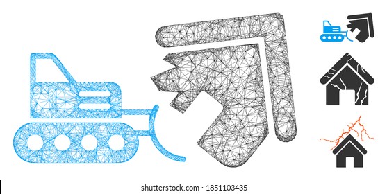 Mesh house demolition polygonal web 2d vector illustration. Carcass model is based on house demolition flat icon. Triangular net forms abstract house demolition flat model.