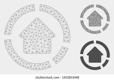 Mesh house diagram model with triangle mosaic icon. Wire frame triangular mesh of house diagram. Vector mosaic of triangle parts in different sizes, and color tints. Abstract 2d mesh house diagram,